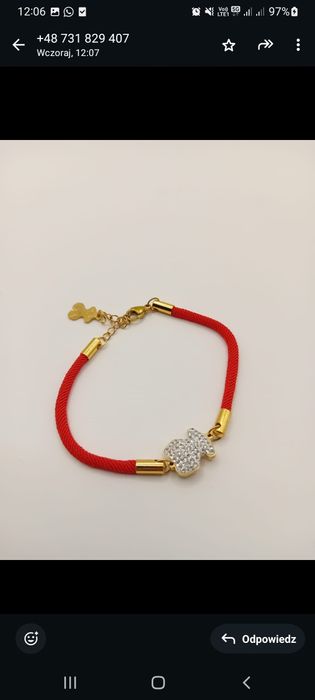 Bransoletka sznurkowa czerwona z misiem z cyrkoniami