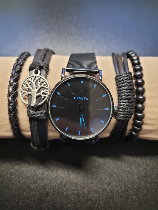 Męski zegarek czarny z bransoletami pasek metalowy komplet now