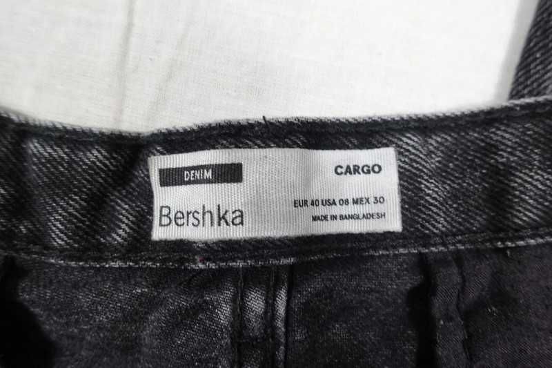 Bershka Spodnie Jeans Czarne Opium Multi Cargo Baggy Wide Washed 40