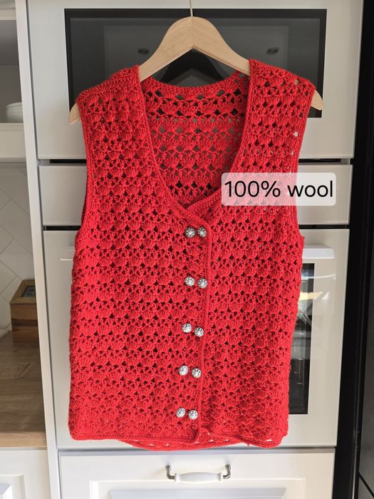 Kamizelka wełniana ażurowa M-L dziergana handmade