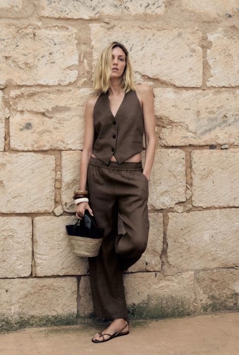Нові брюки штани Zara S широкі льон коричневі оригінал Зара шоколадні