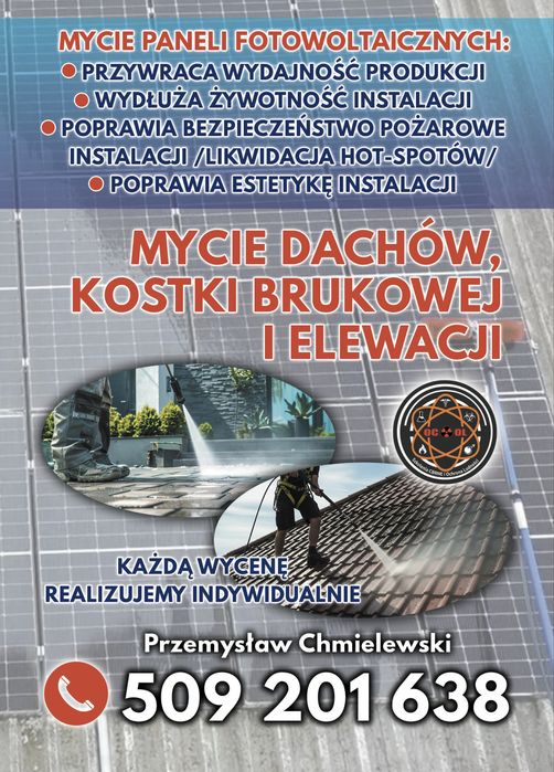 Mycie paneli fotowoltaicznych, elewacji, dachów, kostki brukowej