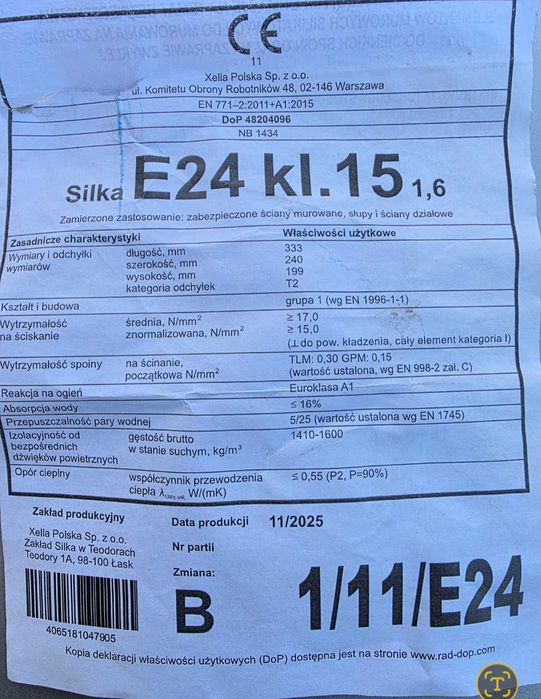 Bloczek Silka E24 Xella Silikat Pustak Cegła 585szt
