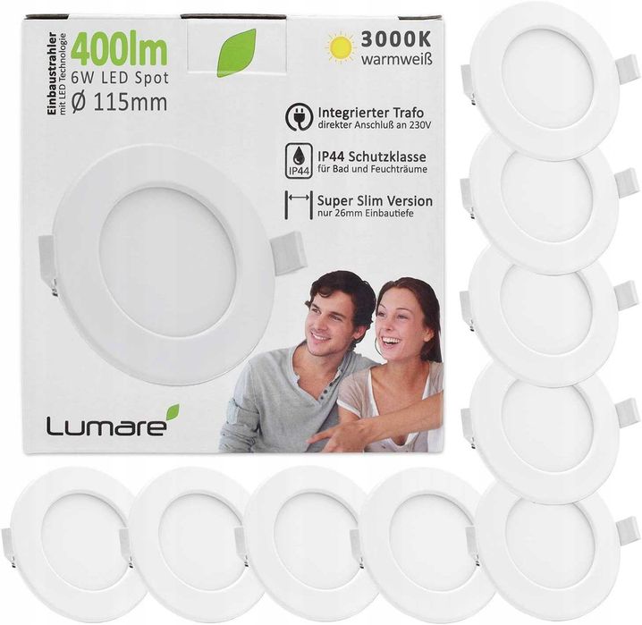 Reflektor LED wpuszczany Lumare 6W IP44 3000K biały zestaw 9 szt.