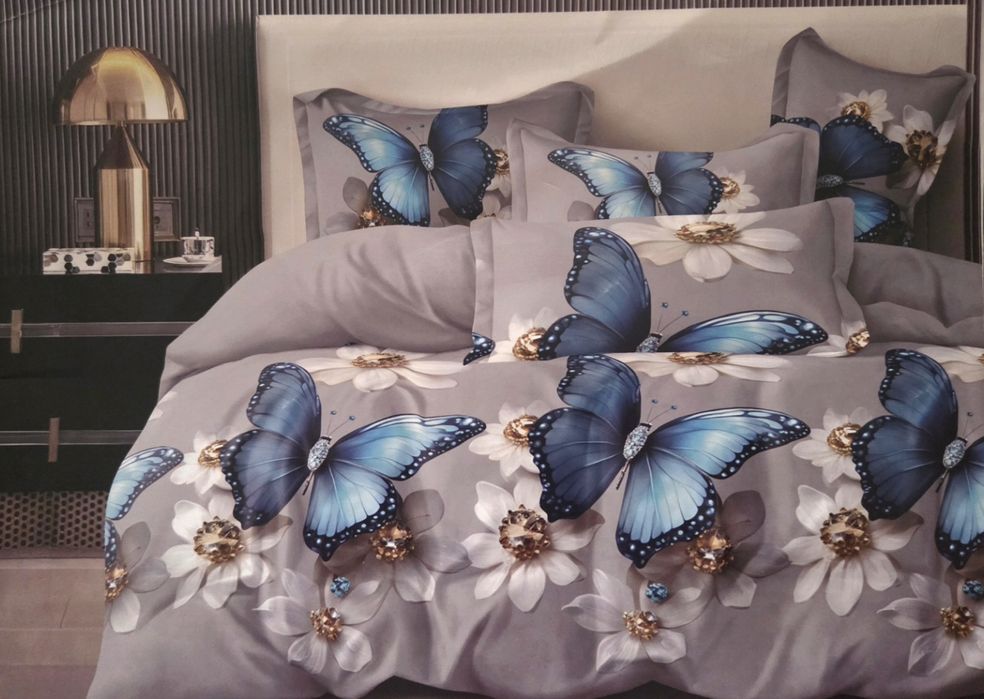 Komplet Pościeli 200x220cm Niebieskie Motyle 4 częściowy