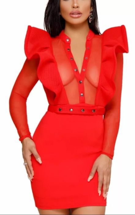 Efektowna mini sukienka duże falbany siatka neopren M/L
