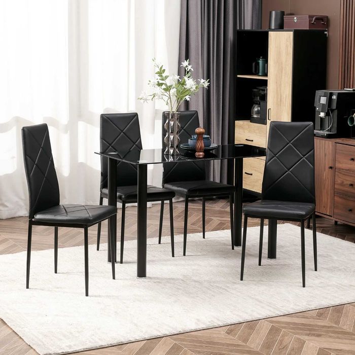 Conjunto de Mesa de Jantar com 4 Cadeiras Tampo de Vidro Temperado Pés de Aço para Cozinha Sala de Estar Preto