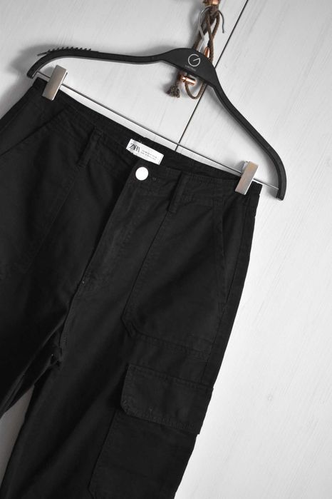 Spodnie S 36 luźne szerokie baggy cargo Zara bawełna z wysokim stanem