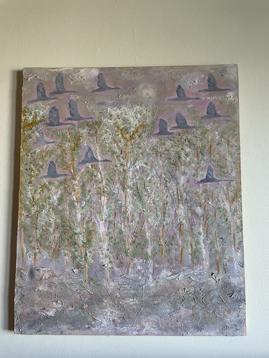 Pintura original a acrilico - Paisagem com Aves em Voo