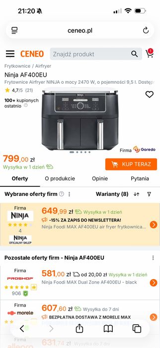 Air Fryer Frytkownica beztłuszczowa NINJA Foodi Max AF400EU XXL 9.5l