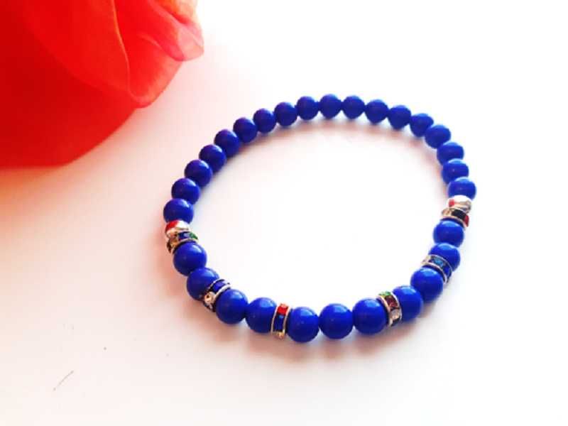 Bransoletka Koralik Na Gumce Granatowa Cyrkonie Stal Chirurgiczna