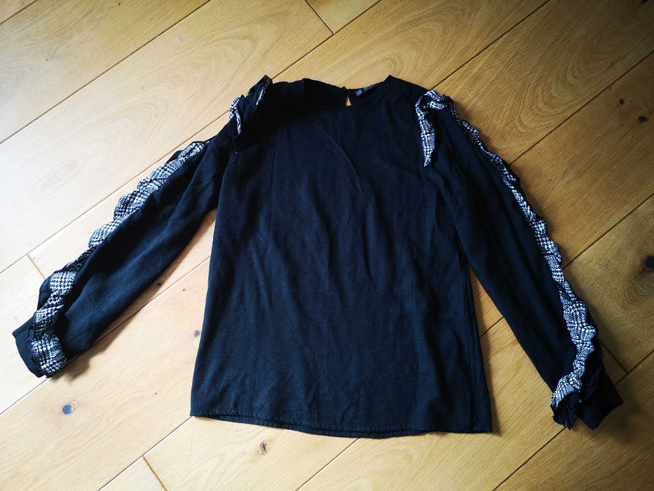 ZARA Basic Collection czarna bluzka z długim rękawem ozdobna pepitka falbana r. 34/XS