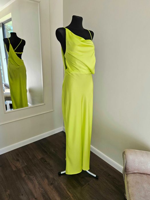 Sukienka satynowa maxi Asos limonkowa odkryte plecy  asymetryczna m 38