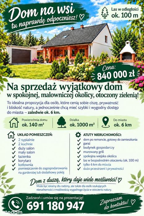Dom na wsi z ogrodem, garażem i budynkiem gospodarczym.