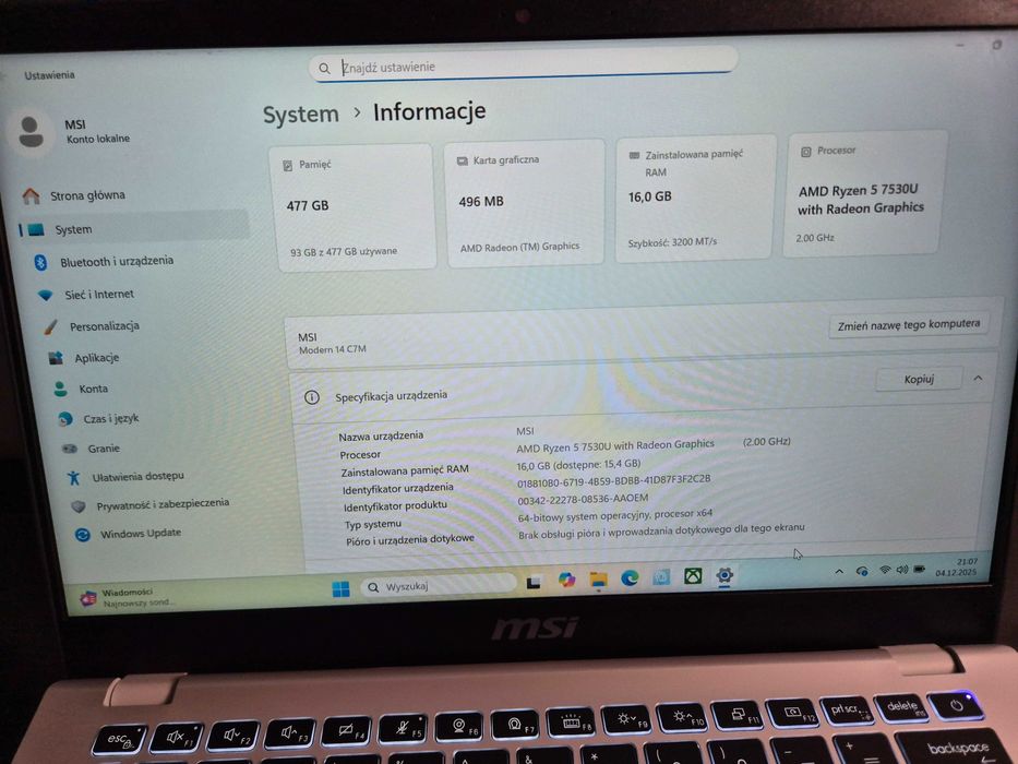 Laptop MSI 14", Ryzen 7530u, 16GB RAM, SSD 512GB, Win 11