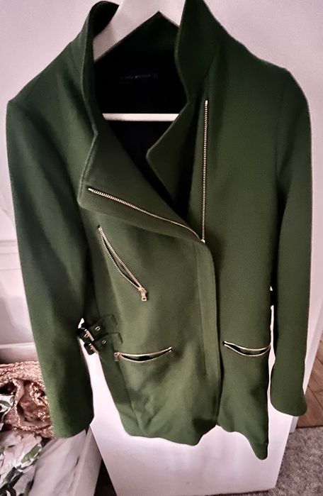 Zara welna welniany plaszczyk zielony khaki  s 36