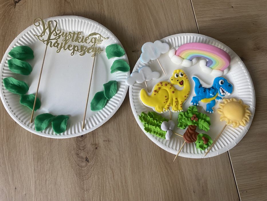 Piękne dekoracje figurki toppery tort dinozaury tęcza ogromny zestaw