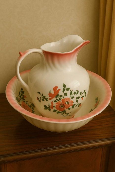 Jarro e bacia em faiança da fábrica de Sacavém