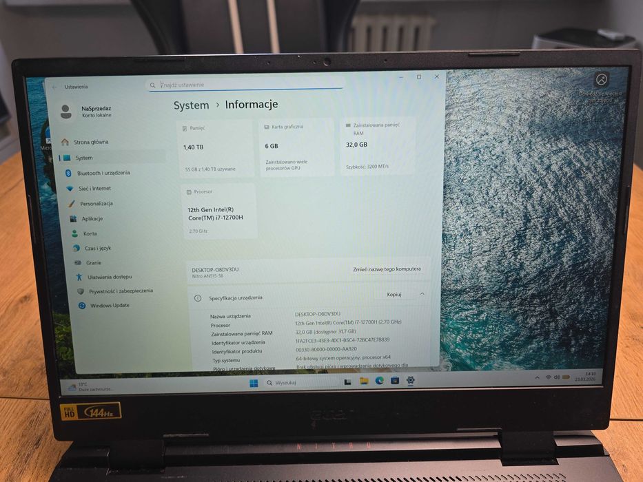 Acer Nitro 5 i7-12700H RTX 3060 32GB 1.5TB 144Hz Windows 11