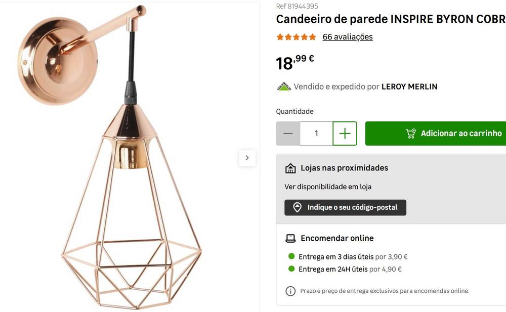 Candeeiro de parede INSPIRE BYRON COBRE