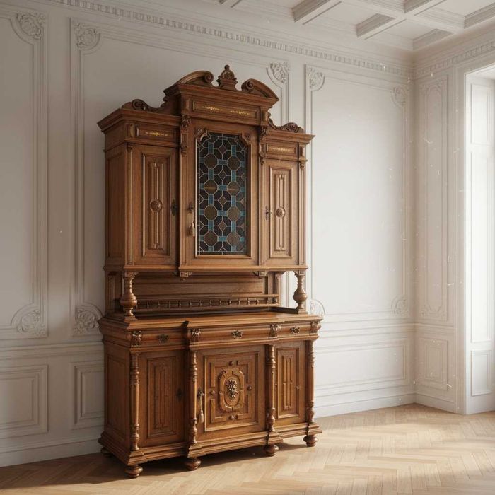 Antyk Wysoki KREDENS drewniany zdobiony KREDENS DĘBOWY Witraż lata 20.