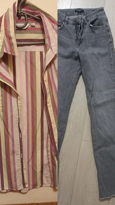 Жіноча сорочка в кольорову смужку. Джинси сірі .