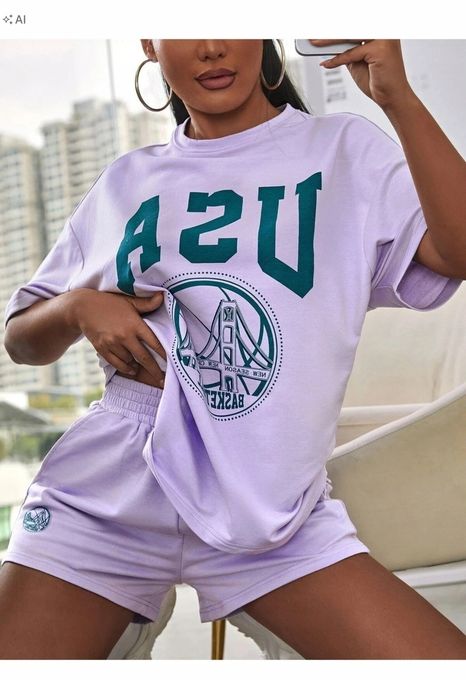 Luźny dres komplet z nadrukiem sportowy lila 6xl 5ia