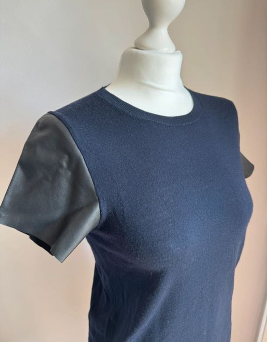 Sweterek bluzka top WEŁNA 100% ze skórzanymi rękawkami S Vince