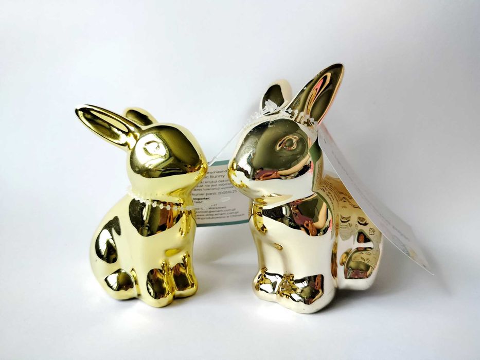 Dwa złote ceramiczne Wielkanocne zajączki 10cm i 8cm Jumi