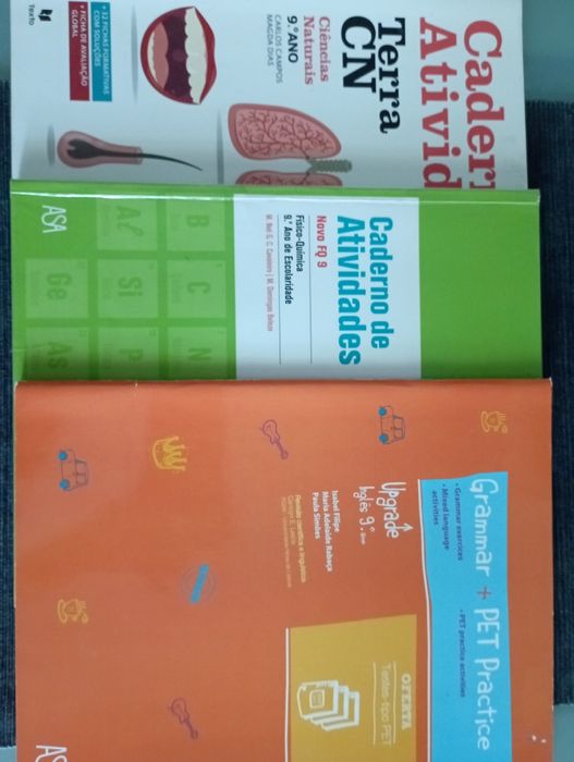 Caderno de atividades de ciências, inglês e FQ do 9° ano em bom estado