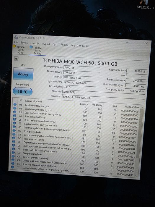 Dysk HDD Toshiba 500GB 2.5" 7200 RPM | Stan DOBRY (S.M.A.R.T.)