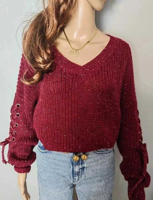 Sweter bordowy bordo burgundowy 4XL 48 dekolt serek basic plus size