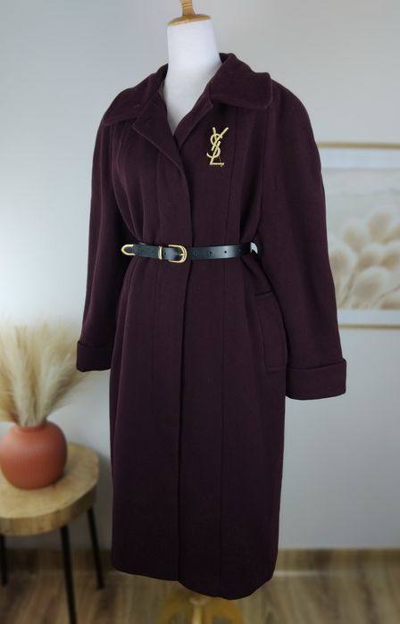 Wełniany płaszcz burgundowy płaszczyk zimowy długi midi kurtka wełna