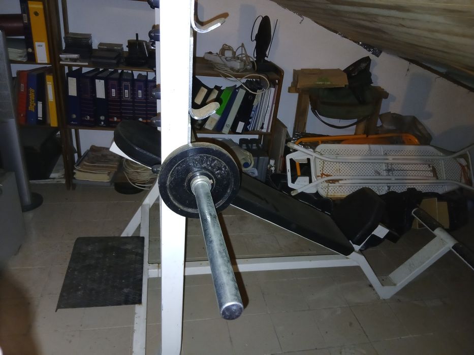 Banco de exercício físico + barra 10 kg + pesos vários