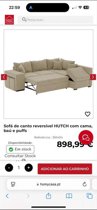 Sofa de canto reversivel HUTCH com cama bau e puff