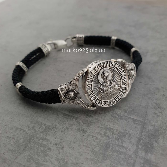 Чоловічий срібний браслет святий Миколай Чудотворець шовк 925 проба