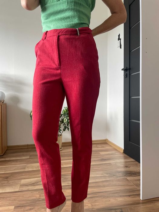 Spodnie cygaretki czerwone rurki M Szachownica materiałowe wysoki stan