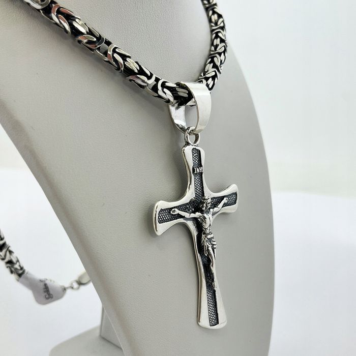 Srebrny Męski Łańcuszek Splot Królewski+duży Krzyż / Zestaw Oksydowany