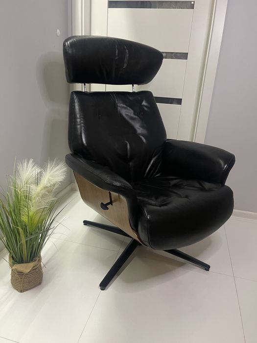 Stylowy fotel , gruba skóra , wysówany  zagłówek , loft , Piękny