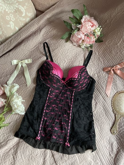 Top bieliźniany halka czarny różowy koronka kokardki coquette h&m