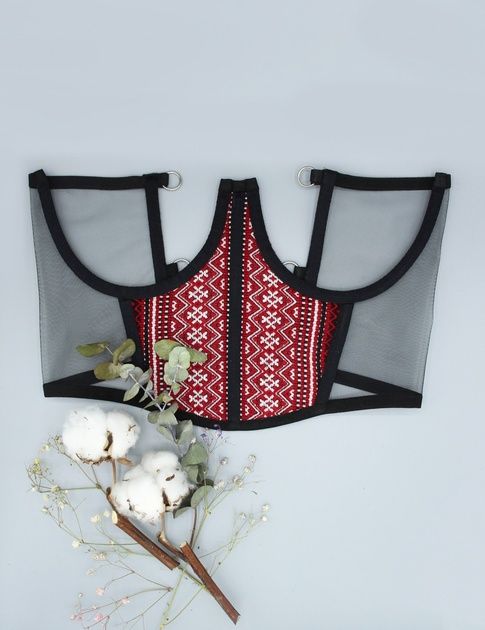 Корсет підгрудний з орнаментом червоний "Вишиванка" S-M