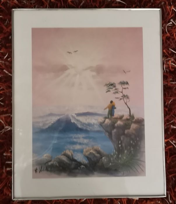 Quadro paisagem , beira mar,por do sol ,flores