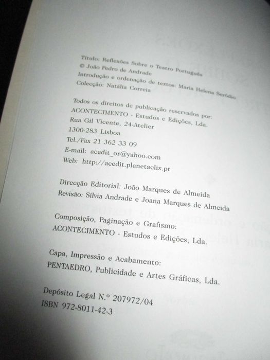 Livro Reflexões sobre o Teatro Português João Pedro de Andrade