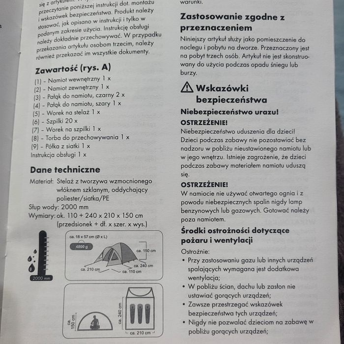 Duzy namiot 110x240x210x150 crivit