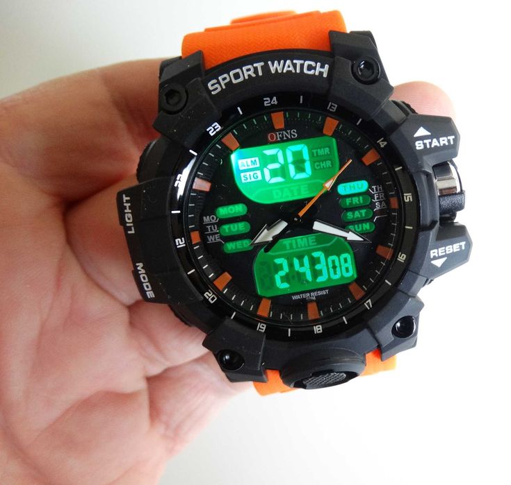 Zegarek męski OFNS elektroniczny timer Dual time pomarańczowy wojskowy