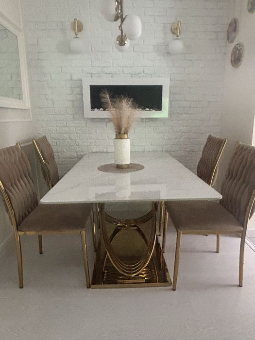 Stol z 4 krzeslami -Stół do salonu glamour HERMES biały efekt marmuru/złoty 160X90 Signal