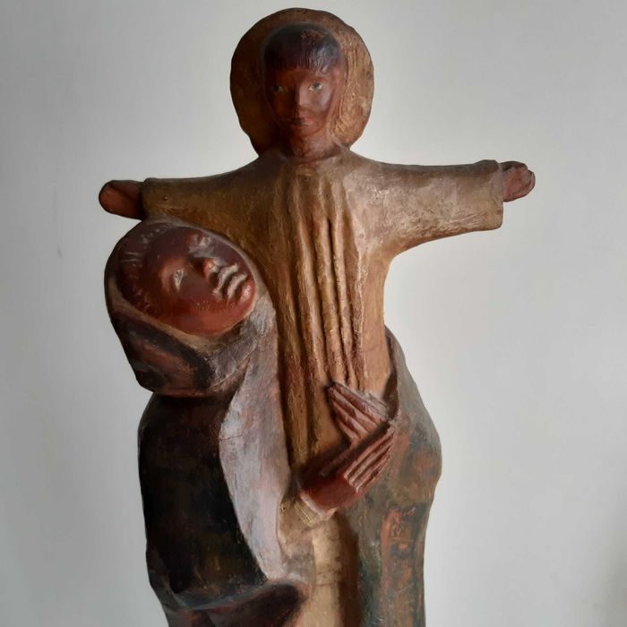 Antiga Grande Escultura Barro Cristo Redentor elevado por Maria