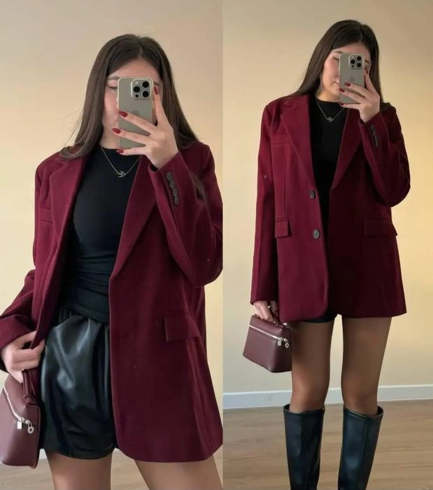 Тепле кашемірове пальто-піджак жіноче однотонне  Бордо