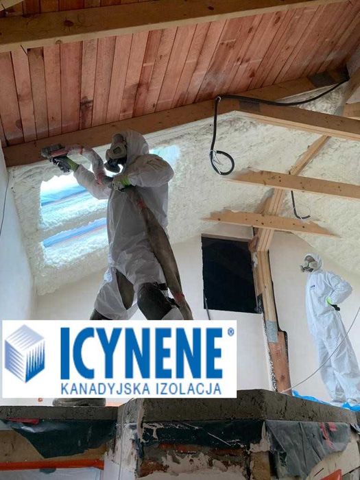 Izolacje dachów i poddaszy pianą PUR Icynene, wdmuchiwanie wełny i celulozy, ocieplenie poddasza, naprawy po kunach, izolacje obiektów przemysłowych