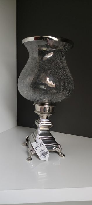 Lampion świecznik szklany niklowany z Indii